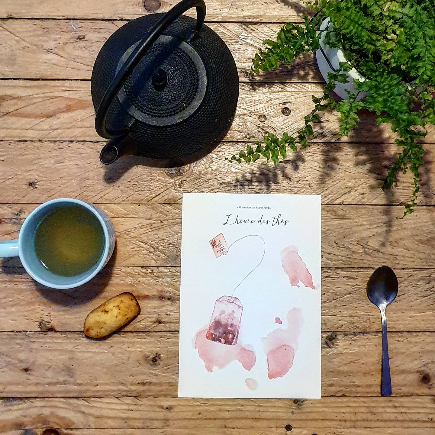 aquarelle print l'heure des thés rose