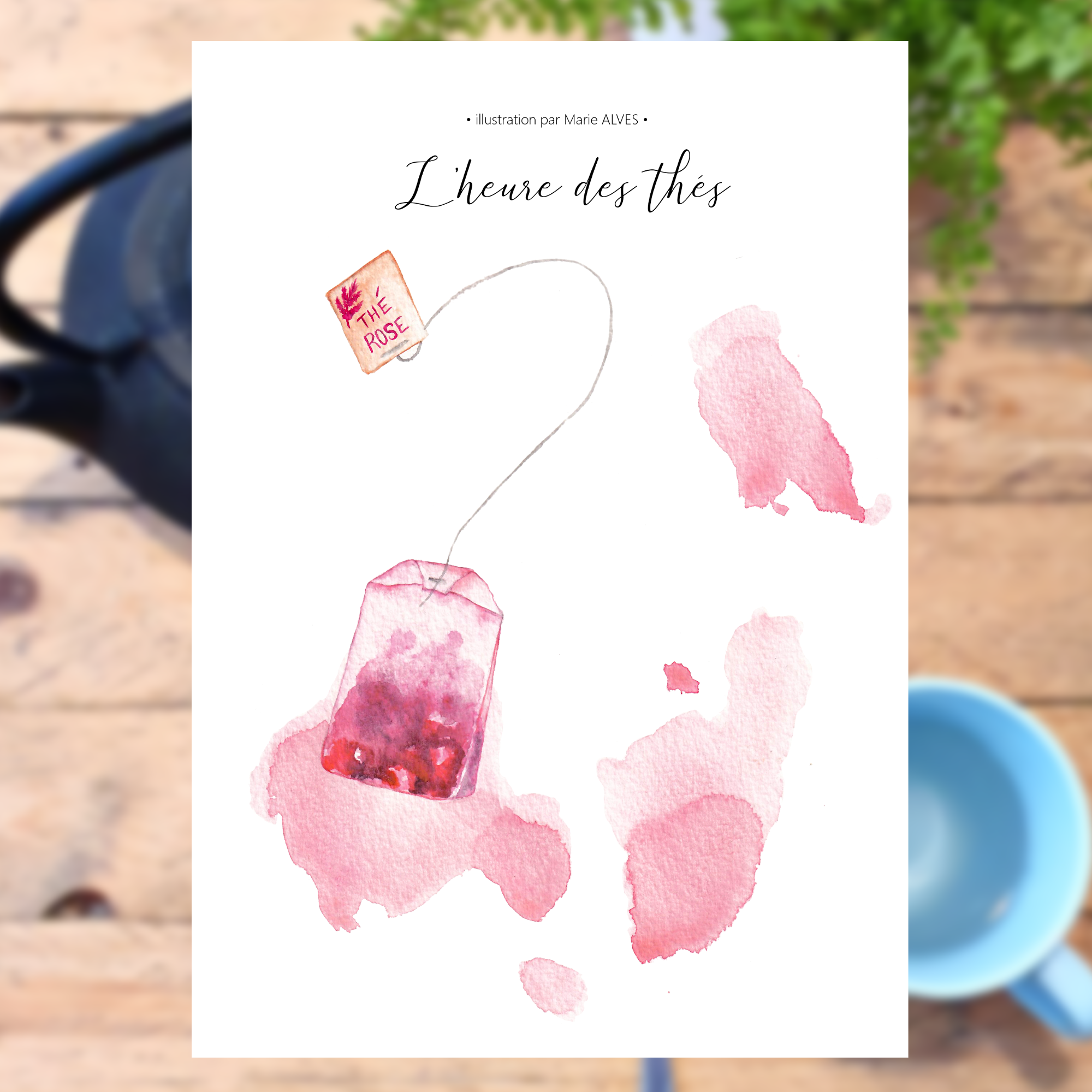 aquarelle print édition l'heure des thés rose affiche