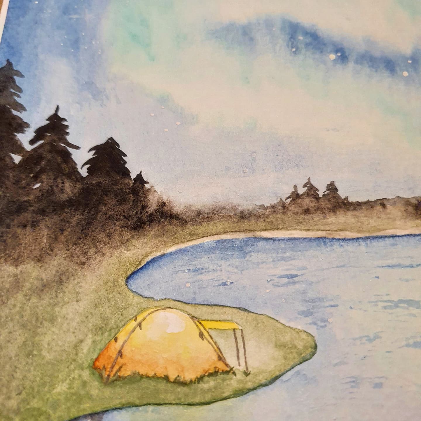 Challenge de vous à Moi 2021 - Aurore boréale aquarelle originale détail tente