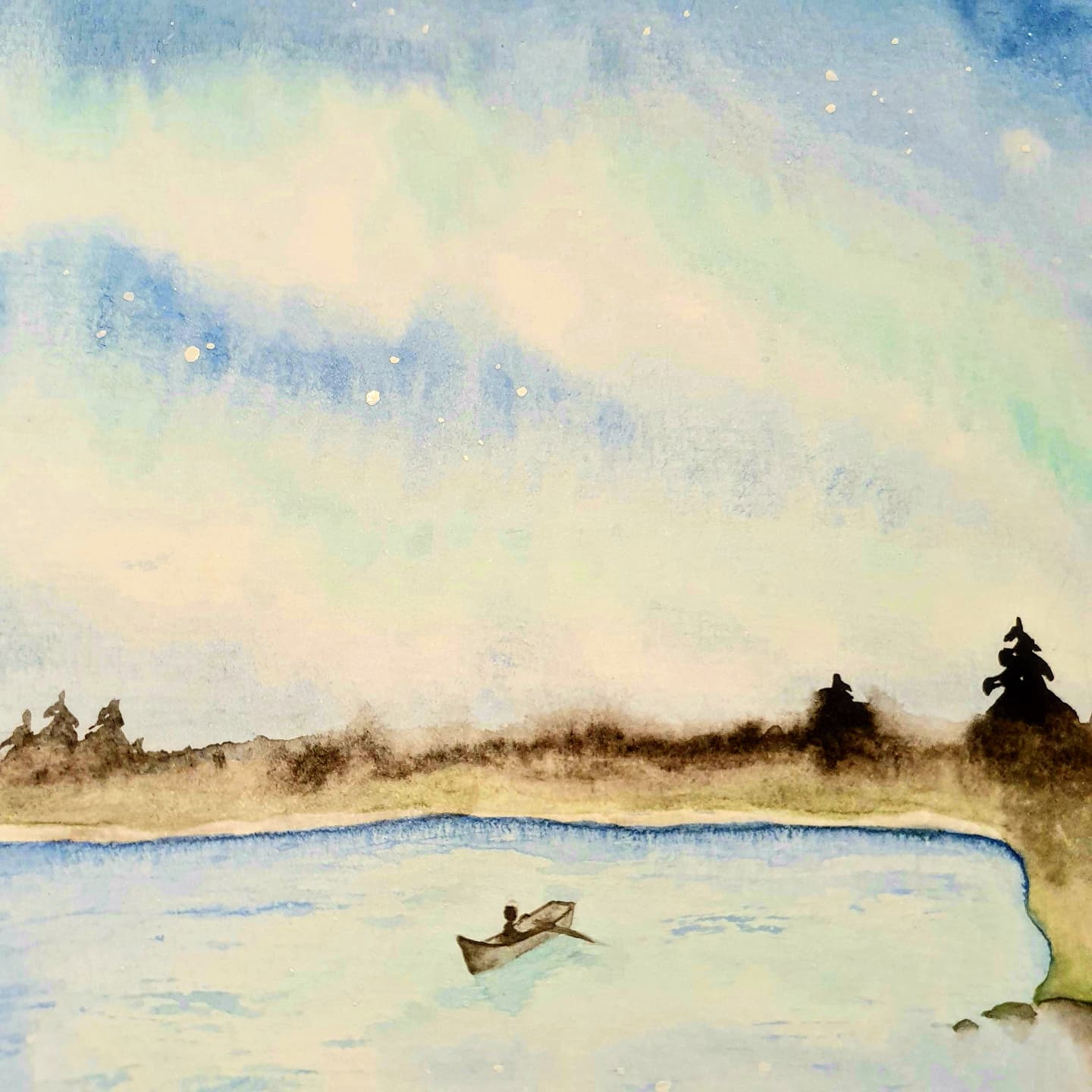 Challenge de vous à Moi 2021 - Aurore boréale aquarelle originale détail bateau