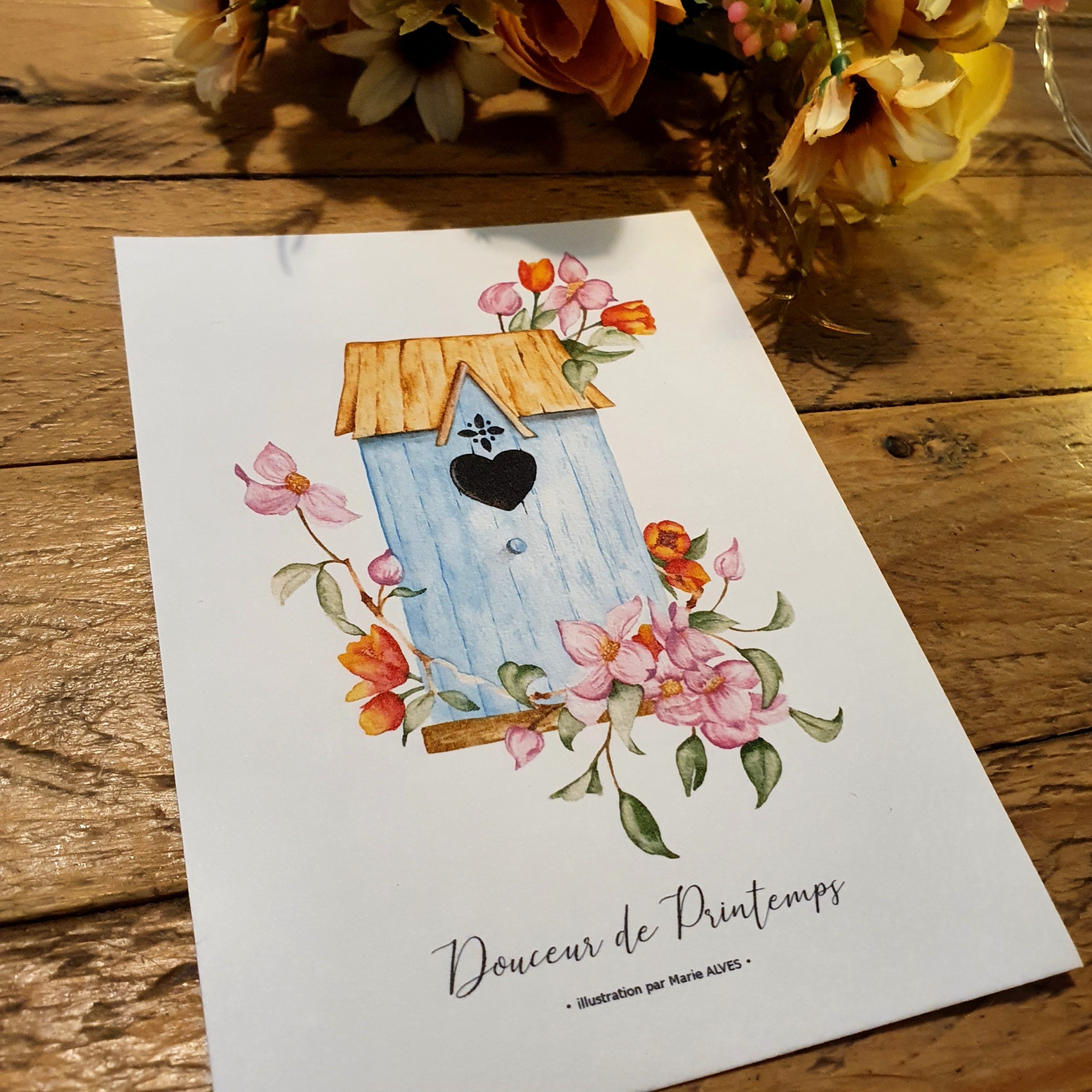 illustrations carte postale printemps détail maison à oiseaux
