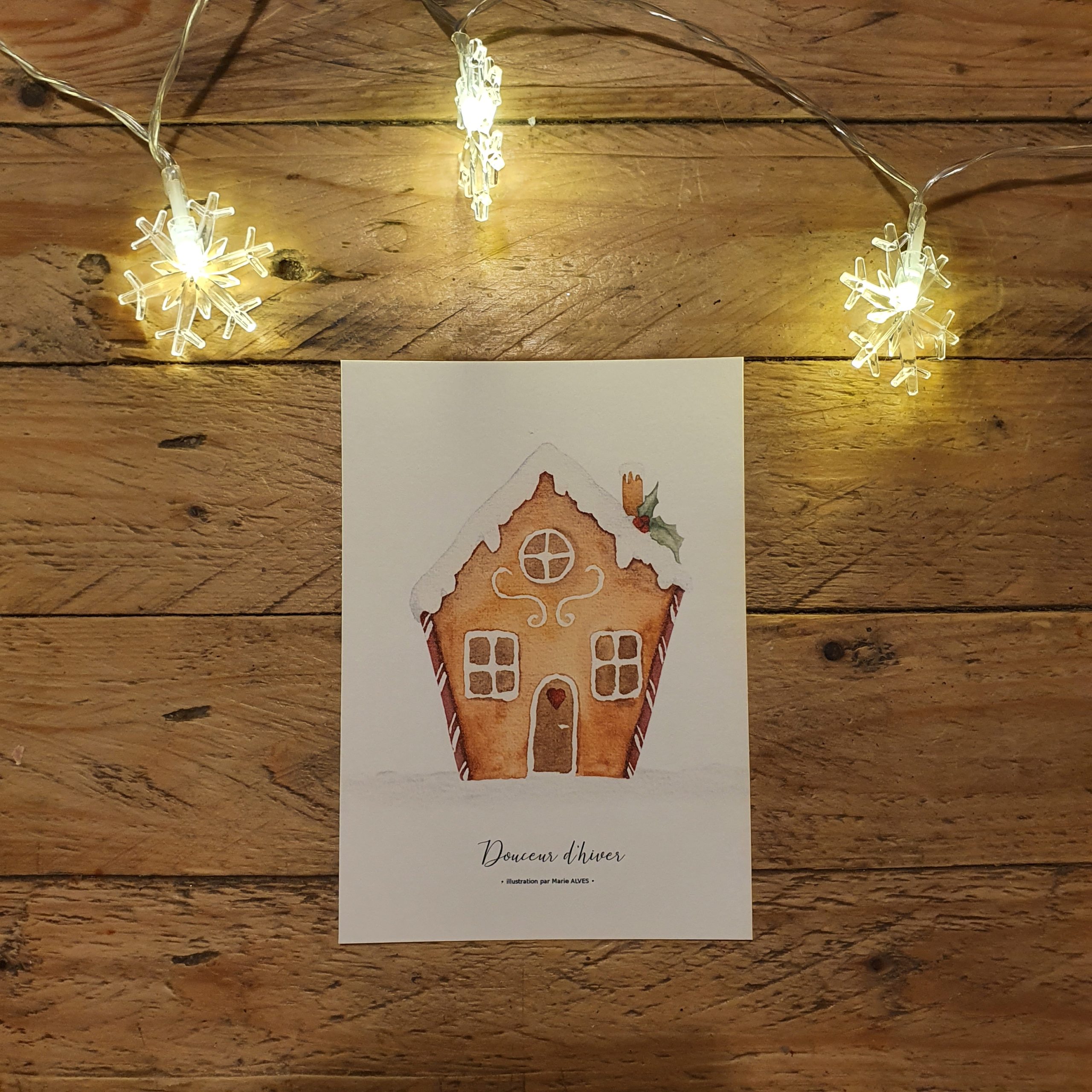 illustration douceur d'hiver carte postale maison pain d'épices