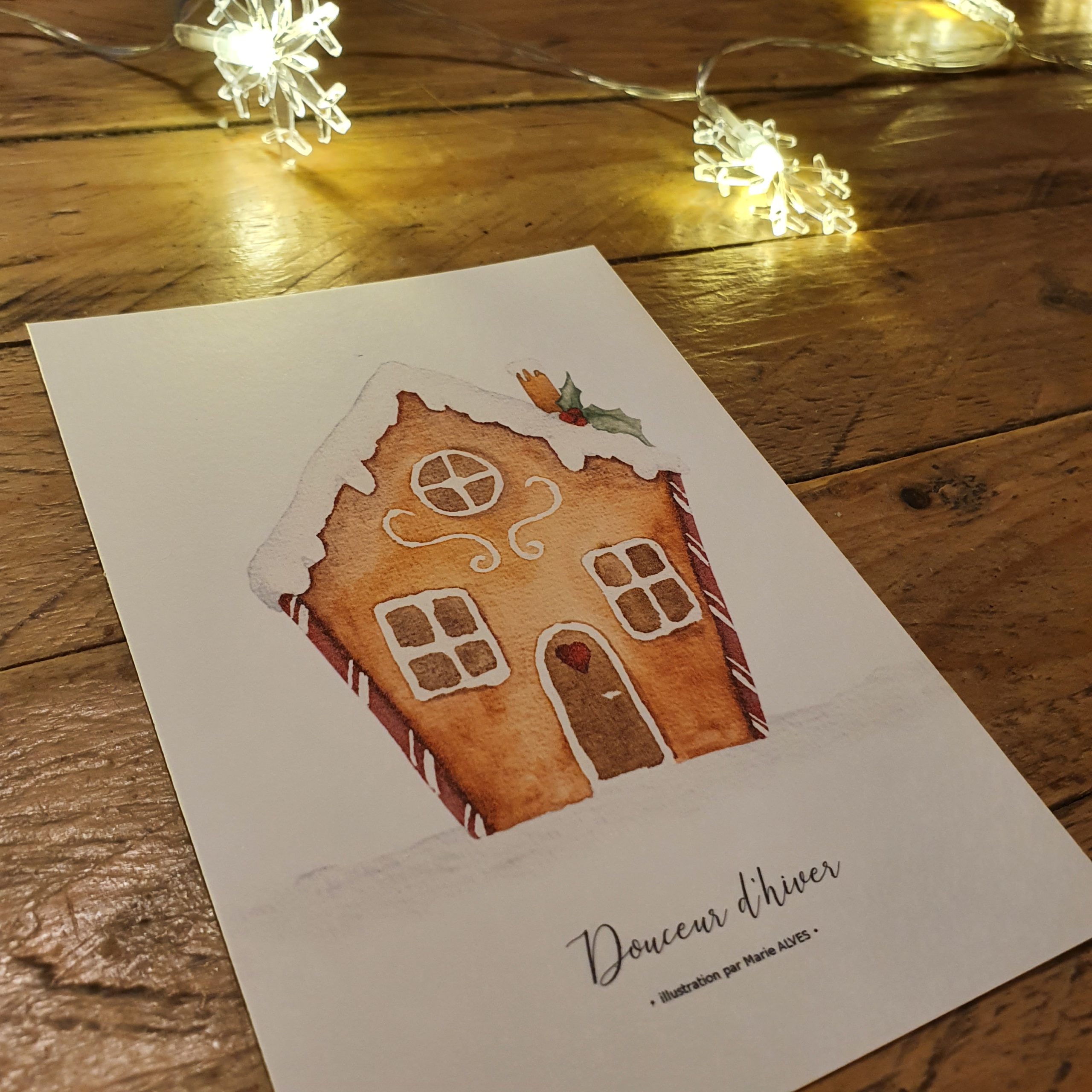 illustration douceur d'hiver carte postale maison pain d'épices