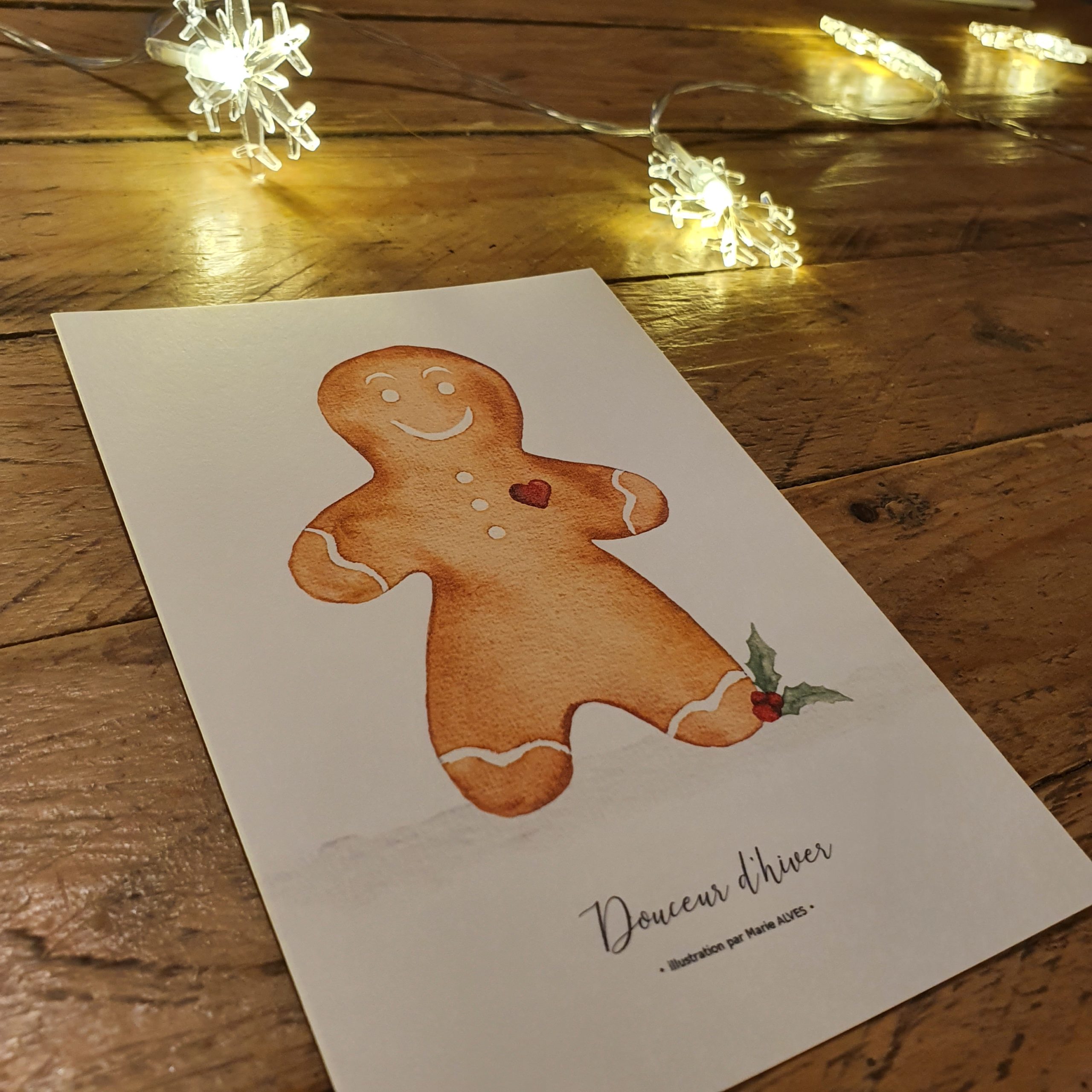 illustration douceur d'hiver carte postale bonhomme pain d'épices