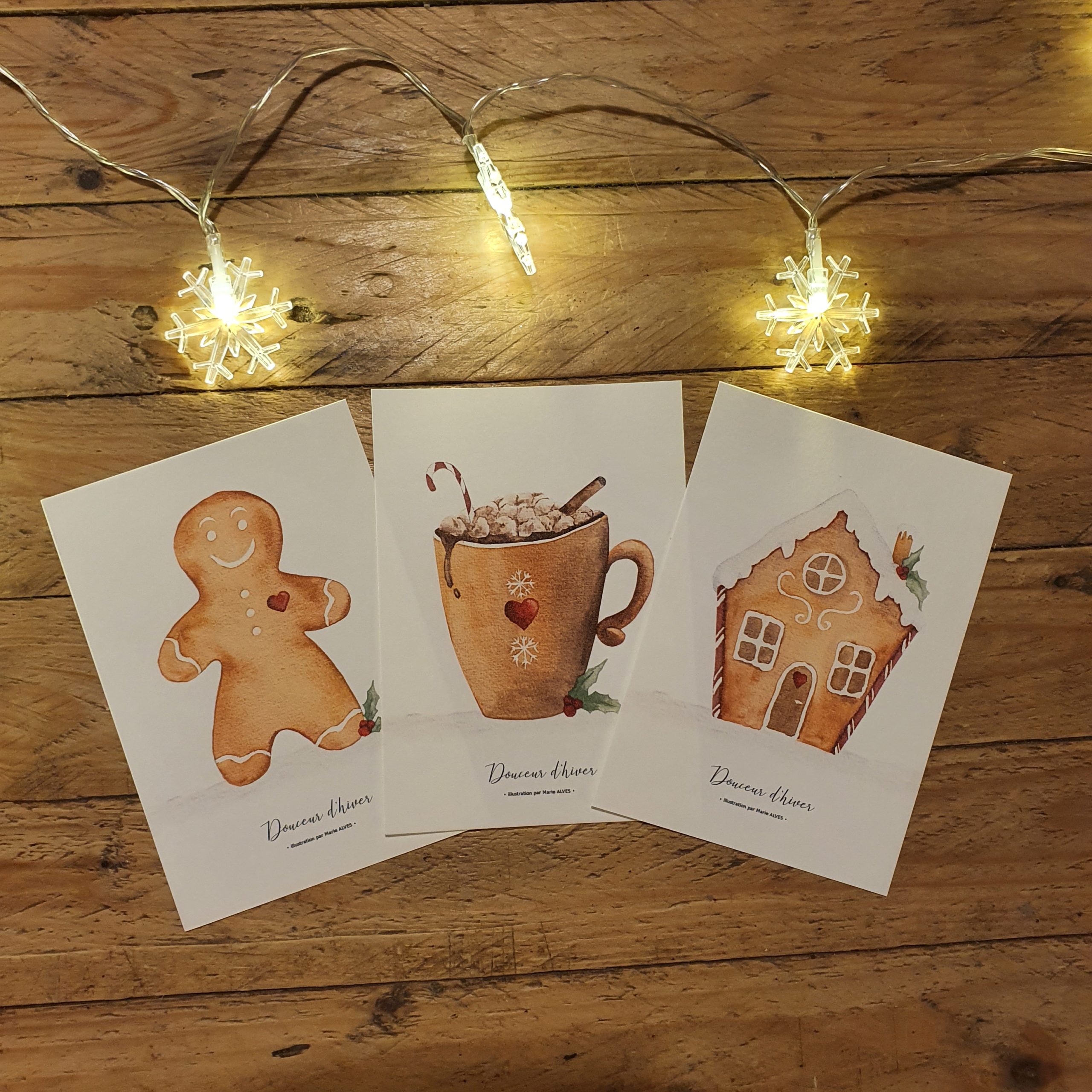 illustration douceur d'hiver trio de cartes postales