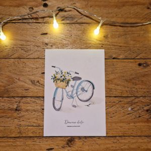 illustration aquarelle vélo fleuri bleu carte postale