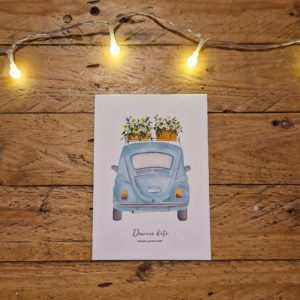 illustration aquarelle voiture ancienne fleurie bleue carte postale