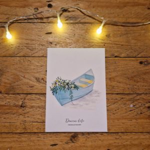 illustration aquarelle bateau fleuri bleu carte postale
