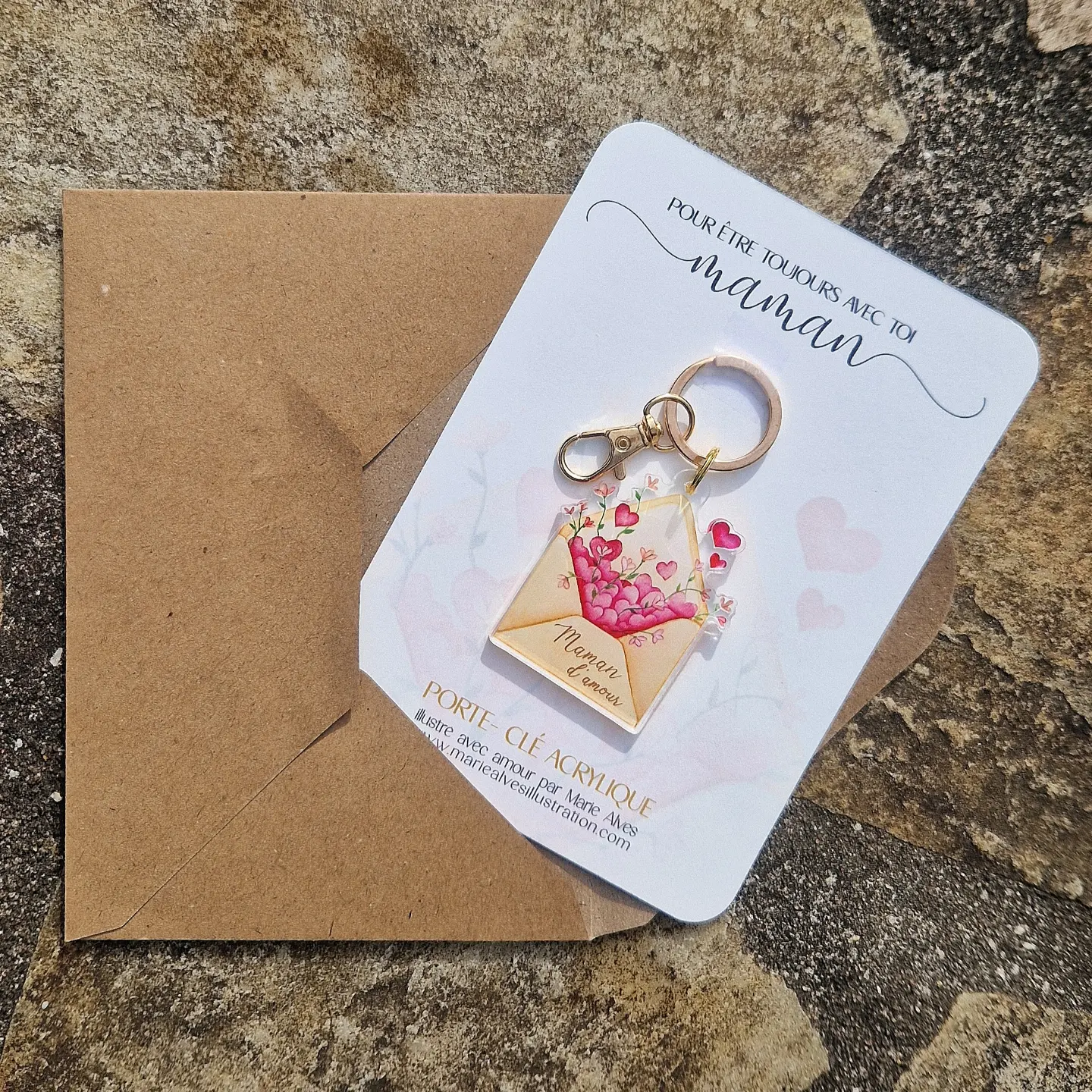 porte clé avec carte spécial fête des mères aquarelle