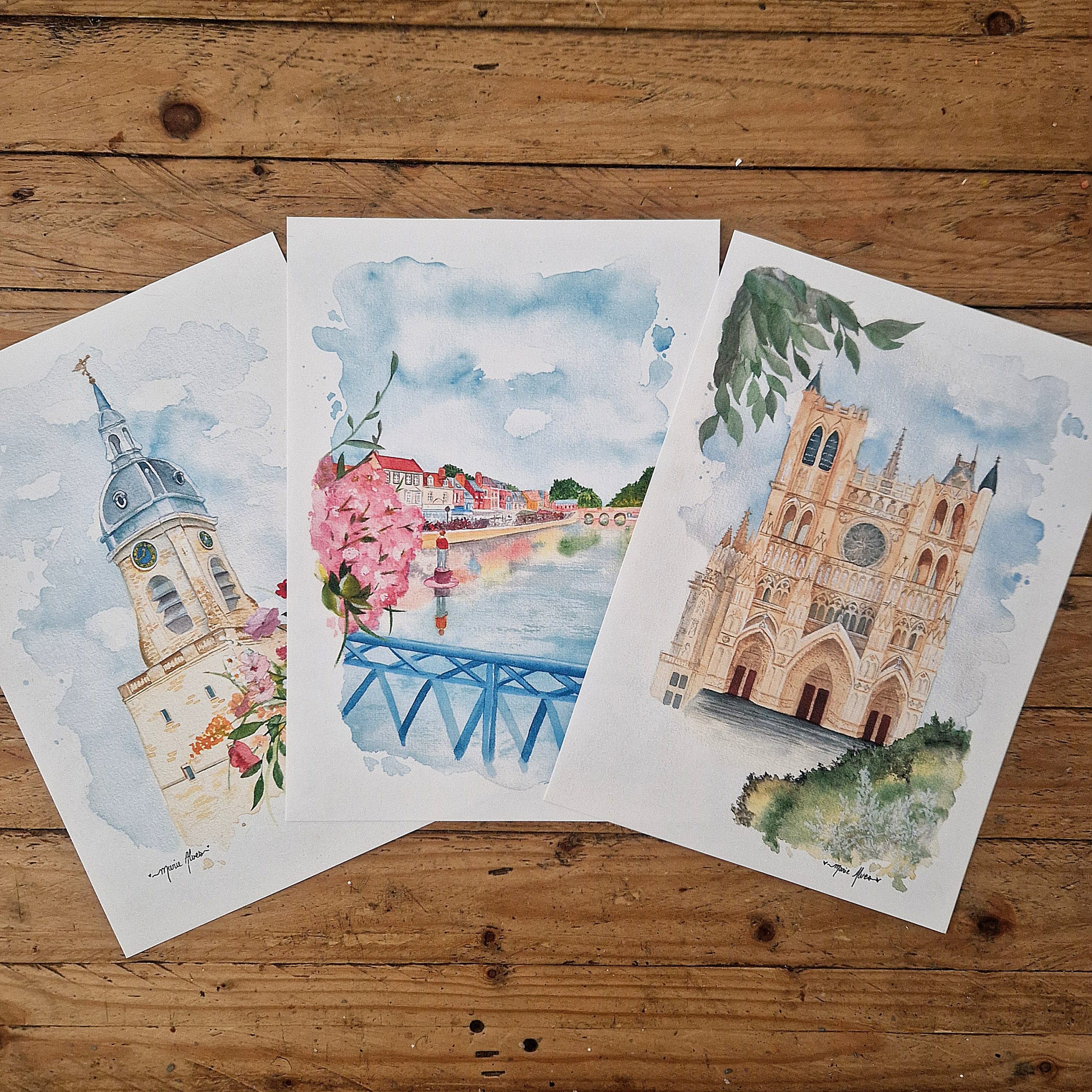 trois affiches d'Amiens fleuris en aquarelle