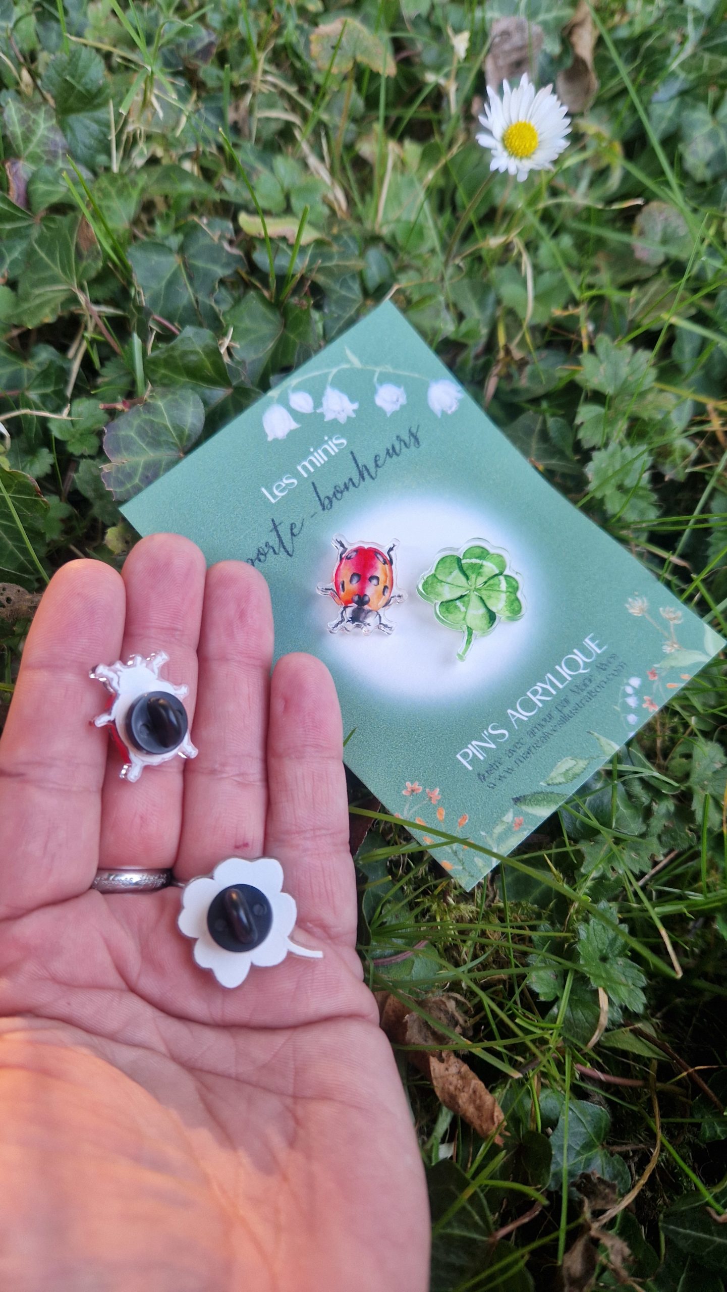 pin's illustrés coccinelle et trèfle en aquarelle attache