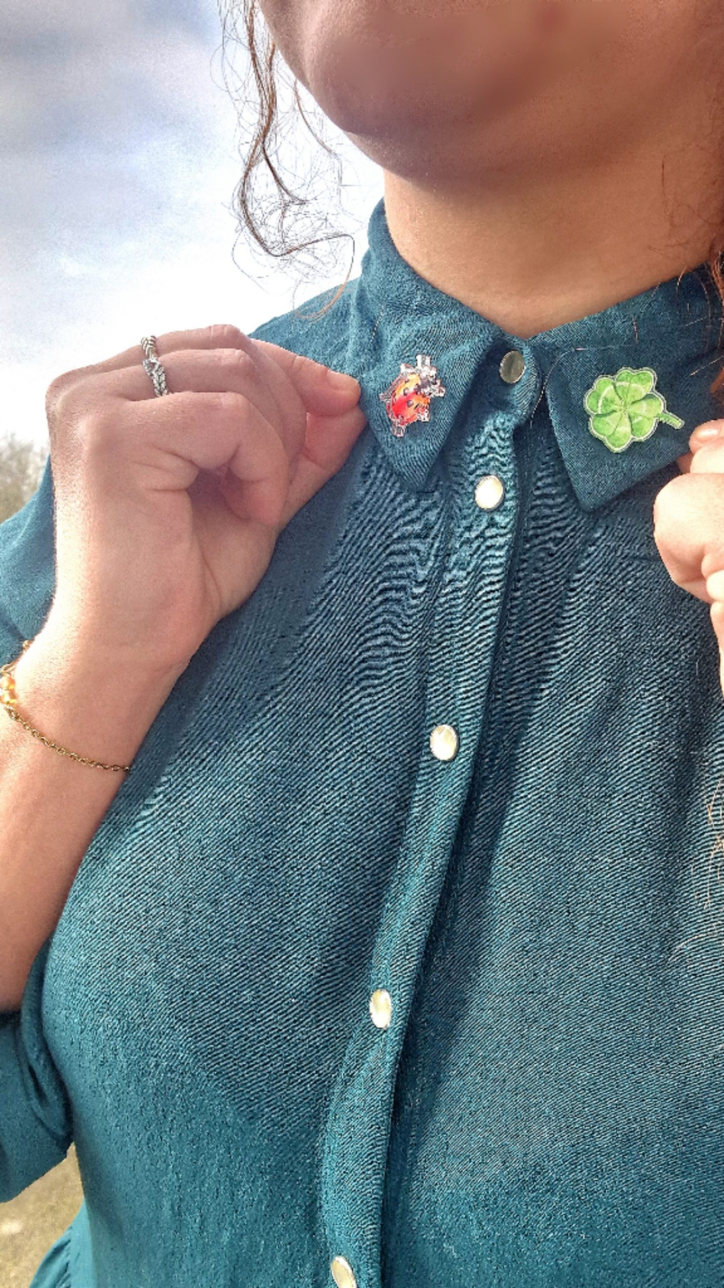 pin's illustrés coccinelle et trèfle sur col de chemise